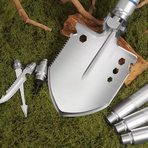 Splittable and extendable multi-functional soldier's shovel: The integrated shovel head contains a scale ruler, blade, bottle opener, screwdriver interface. It supports multi-level deformation to switch tool forms. It comes with an extended handle component. Tactical spikes. Tool head accessories. Covers all scenarios such as camping pit digging, outdoor tree sawing, self-reliance in emergencies, and survival in the wild. Professional portable survival tools.