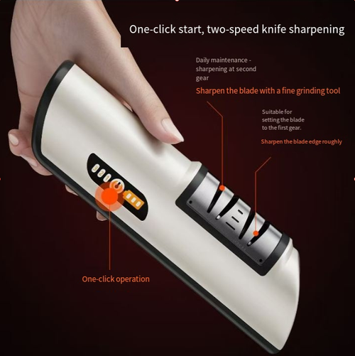 Home electric knife sharpener, easy to use with just one press! It takes only 3 seconds to sharpen the blade, and it is compatible with various knives such as kitchen knives and scissors. The precise angle ensures no damage to the blade. The compact design doesn't take up much space, and it is safe for both adults and children to use. This product makes every cutting task swift and smooth, doubling the efficiency of the kitchen!