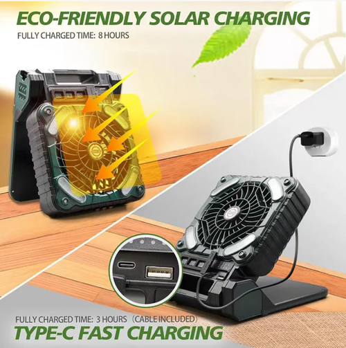 This solar-powered portable outdoor fan is equipped with an efficient solar panel and a 5200mAh battery, supporting Type-C fast charging and mobile phone recharging. It offers three lighting modes and powerful air circulation. It is foldable, portable, and has a compact size. It is an all-weather cooling station for camping, fishing, street vending, and emergencies. It is also your outdoor energy manager.