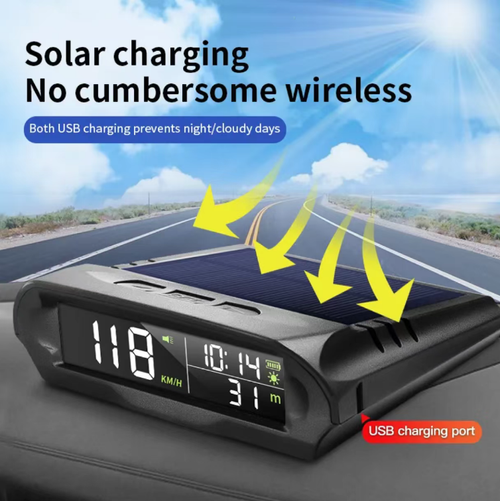The L5U vehicle-mounted GPS solar-powered HUD (Head-Up Display) comes with dual charging options for solar power and USB, and is wireless and wire-free. It can display vehicle speed, altitude, and time, and comes with an overspeed alarm. It can be placed on the dashboard and used immediately. It is compatible with most vehicle models and helps drivers view information during driving. It is a practical vehicle-assistance device for daily driving.