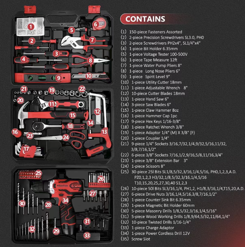 This 276-piece hardware tool set includes a 12V dual-speed lithium battery drill, as well as a variety of tools such as wrenches, pliers, and screwdrivers, suitable for household repairs, DIY projects, and plumbing installations. The multi-level storage design is convenient and durable, making it a comprehensive tool box for all your home maintenance needs. It ensures the safety of your daily life.