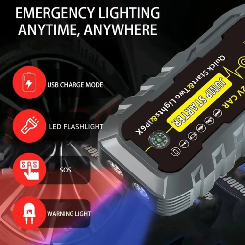 This 12V automotive emergency starting power supply can instantly start a dead battery vehicle with strong current. The 22200mAh large capacity supports fast charging for multiple devices. It features multiple modes of LED emergency lighting + SOS distress signal. With IP66-level waterproofing, multiple safety protections, it is small and portable, and is a must-have safety device for car owners on their own travels.