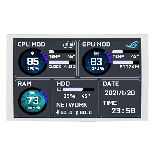 USB-C computer secondary screen: Plug and play, no need for power supply or driver. Real-time display of CPU, GPU usage, temperature, memory and other hardware data. Instantly check the status during gaming or office work. Multiple themes to switch, with night-time glowing effect to enhance the desktop atmosphere. Compact and doesn't take up much space. Compatible with desktops and laptops. Practical and with good appearance quality.