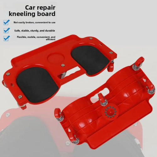 Auto repair kneeling skateboard. The soft padding on the board surface protects the knees from pain. The high-strength material can bear heavy loads stably. The bottom has swivel wheels, allowing for smooth operation without the need to repeatedly get up. It also has a handle for easy storage. It is suitable for various scenarios. The edges are rounded to prevent scratches. It can easily reduce the burden of kneeling and enhance the comfort during operation.