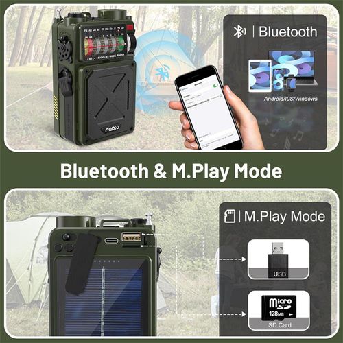 German Battle-ready Radio,An All-round Outdoor Emergency GadgetIt integrates NOAA multi-band radio, Bluetooth speaker, three charging methods of solar + hand crank + USB (4000mAh power bank), SOS alarm, strong flashlight, and high-precision compass. It is a survival hub for outdoor adventures and family emergencies, providing full protection for your communication, power supply, lighting, and navigation in extreme scenarios.