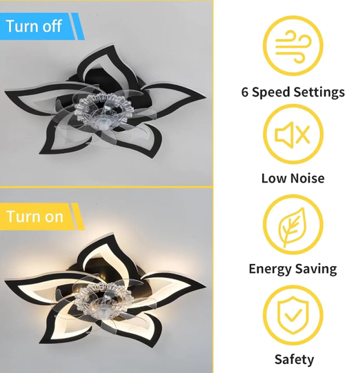 This Nordic-inspired ceiling fan lamp features a flower-shaped design to create an artistic appearance. It has a concealed 7-blade fan structure, with 6 gentle wind settings that are low-noise and do not disturb sleep. It supports three levels of color temperature LED lighting and dual mode (winter and summer) circulation air. It can be controlled via remote control or through an app. It is an ideal choice for a bedroom that combines beauty and comfort.
