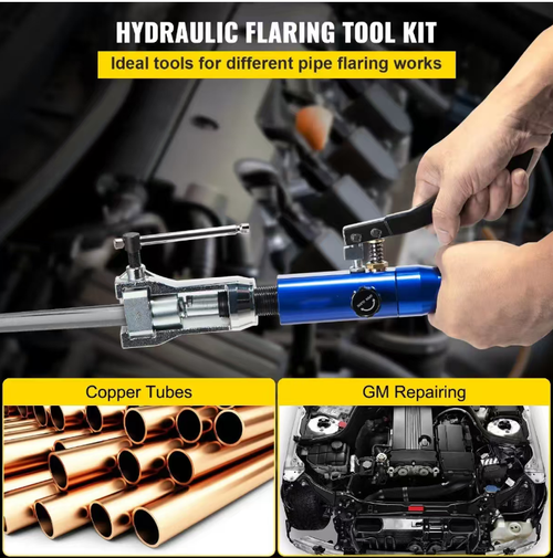 Hydraulic-driven brake flaring tool kit, effortlessly achieving precise standard flaring shapes. Multiple-sized molds are compatible with mainstream pipe dimensions. Complete set of accessories covers the entire process of cutting - flaring. Hard storage box is portable and durable, making it easy to use. It is a cost-effective specialized tool for the automotive repair industry and DIY maintenance.