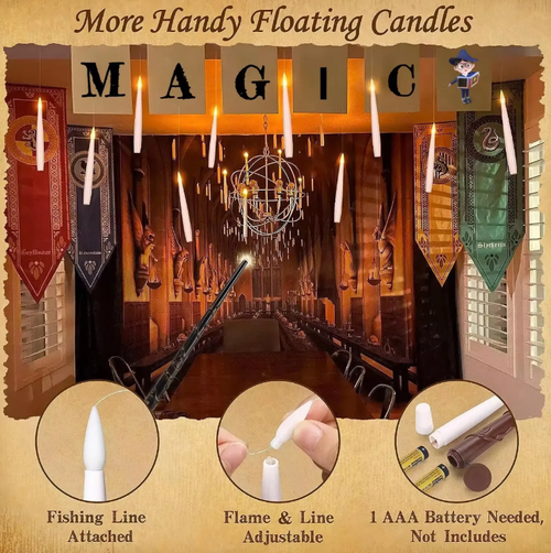 Levitating magic candles, free from the constraints of gravity, hang in the air like the stars of the Hogwarts Great Hall. As the warm light sways, each candle flame hides the secrets of the wizarding world.