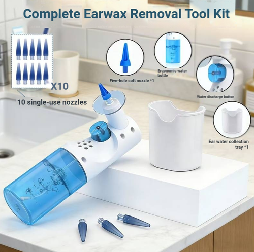 This household manual press-type ear cleaning device does not require electricity. It creates a gentle stream of water by pressing to clean the ear canal. The set includes a water storage bottle, a water collection container, multiple replaceable rinsing heads and a cleaning ear pick. The device is lightweight and portable. The accessories can be disassembled and washed for easy home use in cleaning the ear canal.