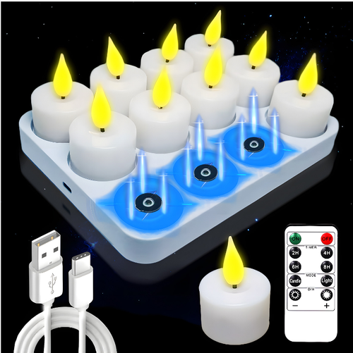 Non-flaming electronic candle lamp, magnetically attached for charging, with a battery life of 50 hours (5 times that of the regular model), and infrared remote control for adjusting brightness. The flame-like warm light is soft and realistic, suitable for various scenarios, and safe with no risks. The package includes a charging base and wires. It can be charged simultaneously with multiple wicks, making it easy to store and allowing for a simple creation of a cozy atmosphere.