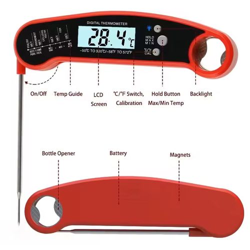 The 3-second rapid measurement folding probe thermometer, with a 3.9-inch probe that instantly shows the core temperature of food, beverages, cooking and baking temperatures, as well as the temperature for baby milk preparation. It is compact and foldable, taking up little space. The large screen display is easy to read. It is a great helper for measuring temperatures in daily life.