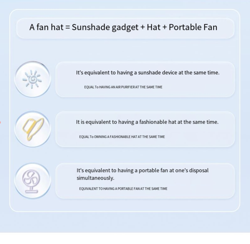 Solar-powered fan hat, an outdoor cooling companion that combines sun protection, fan cooling, and solar power storage. It features a wide brim for sun protection and a fan for cooling. It also offers dual charging options of solar and USB. Suitable for outdoor work, fishing, and sports scenarios, it enables you to stay cool and comfortable even under the scorching sun. It is an excellent cooling device for outdoor enthusiasts.