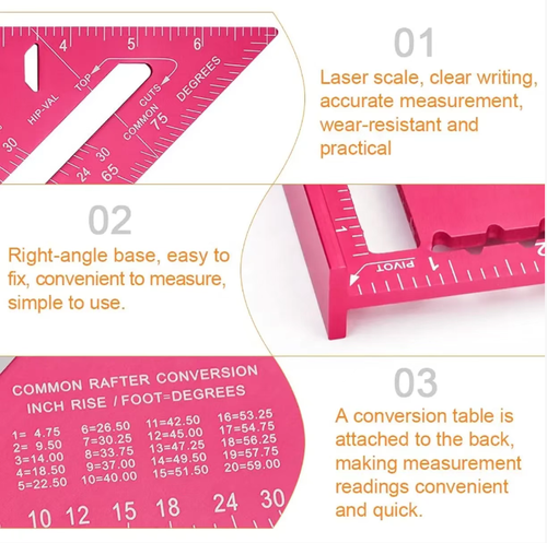 The woodworking marking tool! This triangular ruler is extremely precise, made of high-purity aluminum, with clear and accurate markings down to millimeters. It can measure angles and lengths on both sides, has a pen holder with an ink reservoir for marking lines, and offers a comfortable grip that is resistant to scratches and wear. It is a three-in-one tool for marking, measuring, and positioning. Even beginners can precisely draw mortise and tenon joints!