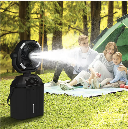 Multi-functional outdoor spray camping fan, with a 20000mAh large-capacity battery for USB charging, four-hole vaporization cooling, adjustable speed with no limit, automatic wide-angle swivel, and an LED camping light on the outer ring. Portable and lightweight, with long battery life. Suitable for camping, fishing, setting up stalls, and combines functions of blowing wind, humidifying and lighting.