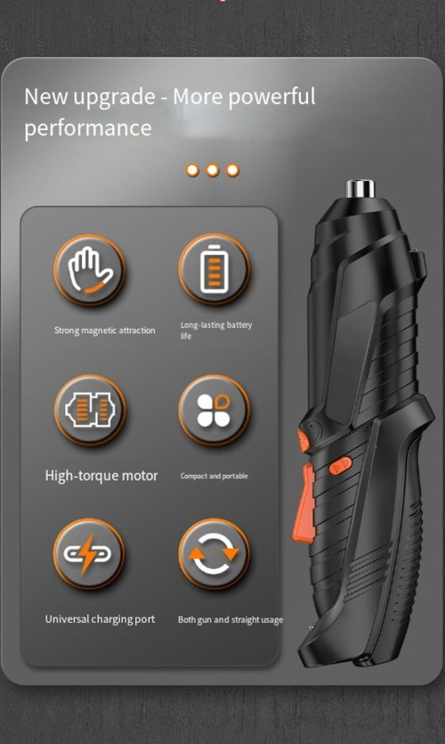 Rotatable gun-style screwdriver, powered by a strong motor, featuring dual-purpose high torque, with a variety of bits suitable for multiple scenarios. It can easily tighten screws with strong torque, and the ergonomic grip + flexible angle make it convenient for home installation and maintenance, making it a great helper in improving your life efficiency.