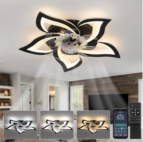 This Nordic-inspired ceiling fan lamp features a flower-shaped design to create an artistic appearance. It has a concealed 7-blade fan structure, with 6 gentle wind settings that are low-noise and do not disturb sleep. It supports three levels of color temperature LED lighting and dual mode (winter and summer) circulation air. It can be controlled via remote control or through an app. It is an ideal choice for a bedroom that combines beauty and comfort.