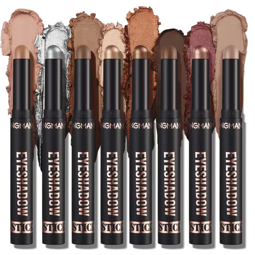Waterproof eyeshadow stick set, available in multiple colors, featuring both matte and shimmer finishes. The texture is smooth and easy to apply, providing waterproof and sweat-resistant properties without smudging. It doesn't flake or clump. Ideal for beginners. It can also be used as a brow pencil or contouring brush, allowing for the creation of various eye makeup looks. Say goodbye to the hassle of repeated coloring.