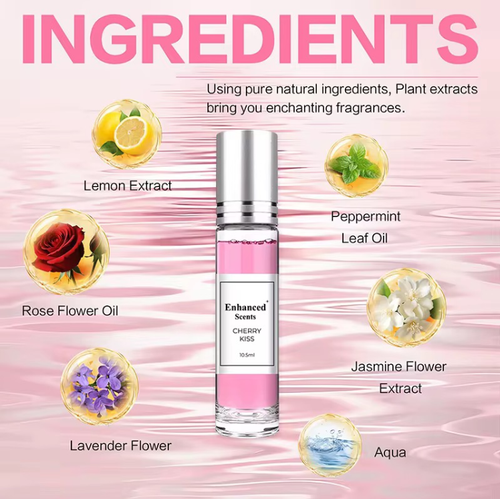 If you place the order today, we will send you a total of 3 bottles. They are Cherry Kiss Seductive Perfume, a blend of sweet cherries with refreshing and alluring fragrance. The scent is crisp and sweet at the beginning and then becomes gentle and not greasy at the end. The roller ball is easy to control the amount. Apply it behind the ear or on the collarbone. It will enhance the atmosphere for dates and daily life!