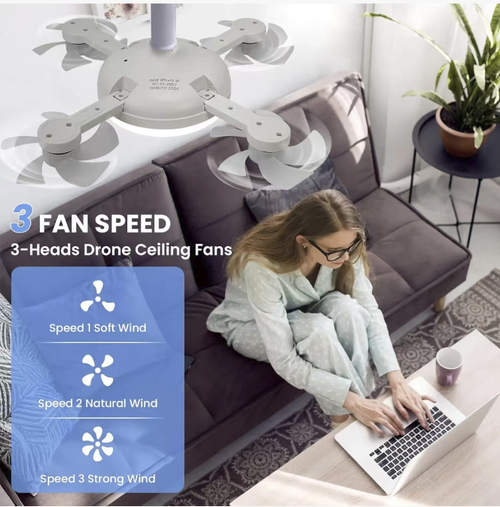 This Nordic minimalist drone fan lamp features an E27 screw design, with the lamp and fan integrated. It has four independent air outlets and operates silently without disturbing sleep. The three-color eye-friendly soft light can be adjusted, and it is equipped with an intelligent remote control. The installation is convenient, making it an ideal choice for cooling and lighting in bedrooms and dining rooms. Let every summer night be gentle and pleasant.