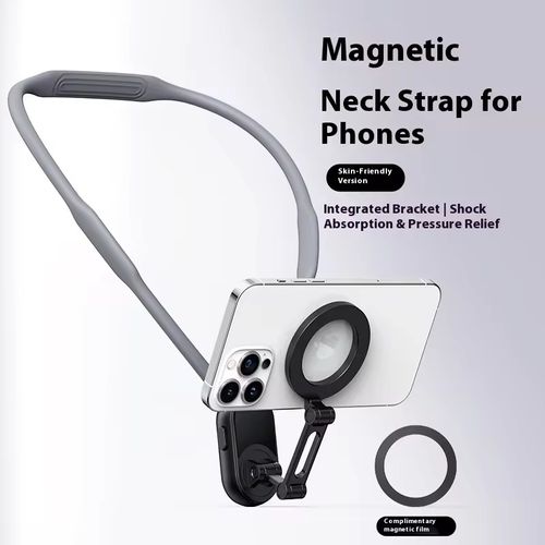 Skin-friendly silicone magnetic phone holder for neck. Dual anti-shake reinforcement design. 360° rotation + seamless switch between portrait and landscape modes. One-click quick assembly and disassembly for time and effort saving. Strong magnet compatible with full-sized phones. Suitable for outdoor live streaming, short video shooting, cycling navigation, hiking recording, home TV series watching, etc. Lightweight and portable. Long-wearing and non-fatiguing shooting assistant tool.