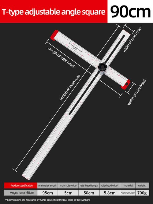 T-shaped Adjustable Angle Ruler: 90cm aluminum alloy ruler, a precision tool for woodworking and decoration. With a T-shaped structure and multi-angle adjustment, it can precisely control to the millimeter level. It is shock-resistant, wear-resistant, and does not cause fatigue when held for a long time. From mortise and tenon to ceiling installation, it helps achieve zero error in craftsmanship and is a reliable partner for artisans to create exquisite works.