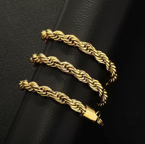 Hip-hop style stainless steel twisted rope chain, available in 3-10mm multiple sizes. 24K color-protective electroplating prevents color fading. The three-dimensional weaving texture gives a street style feel. It can be used as both a necklace and a bracelet. It is sturdy, durable and not prone to allergies. It is a versatile trendy accessory for creating personalized outfits. It is a must-have for trendy people in their daily wear.