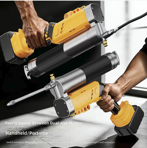 Rechargeable lithium battery electric grease gun, with a rotating nozzle design, stable high-pressure grease output, suitable for adding lubricating grease to agricultural machinery, trucks and construction machinery. Comes with multiple specifications of oil nozzles, equipped with hard pipe and soft pipe, included in a tool box, with a built-in shoulder strap, easy to operate with less effort, suitable for outdoor equipment maintenance and repair operations.