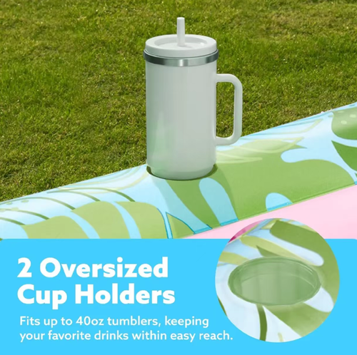 Hand Pump Gift This eco-friendly PVC single-person floating platform measures 70×46 inches. The wide space is combined with a cup groove design, making it convenient for inflation and deflation, and easy to fold and store. It can be used as a semi-submerged floating bed in the swimming pool for a cool experience, or as a mini pool on the terrace or backyard. It is a cool and comfortable companion for various summer scenarios.