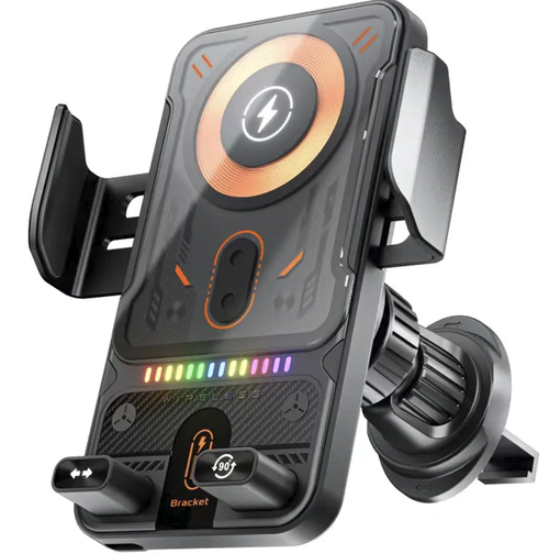 Infrared sensor car-mounted wireless fast-charging stand, automatically electrically clamps when close, high-power wireless fast-charging with ventilation holes, bottom RGB gradient atmosphere lights. Air outlet adjustable base with 360° angle adjustment, soft rubber non-slip surface to prevent damage to the phone, compatible with various wireless charging mobile phones, dual function of driving navigation and charging.