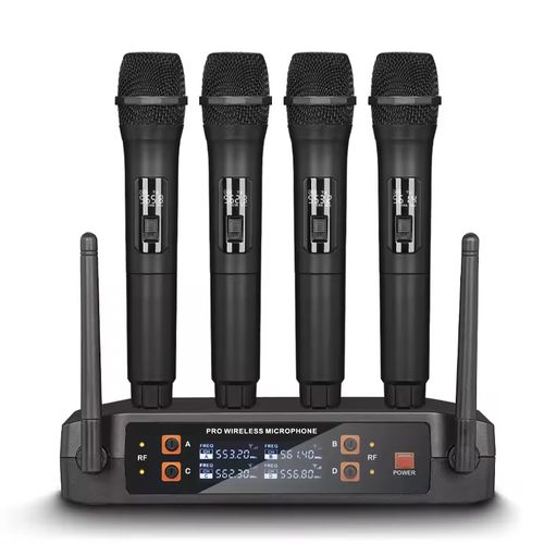 Professional U Section 1-4 Wireless Microphone Set - Four-channel independent frequency modulation with dual antennas for enhanced signal transmission. Anti-crowd-noise, high-fidelity dynamic coil microphone core. Metal body for durability and reliability. Suitable for stage performances, business meetings, home karaoke, wedding ceremonies, outdoor roadshows, versatile for multiple scenarios. Comes with LCD screen for real-time frequency monitoring and handheld microphone.
