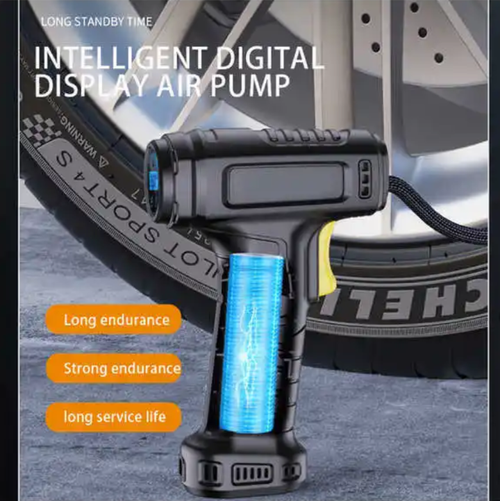 Handgun-style digital display on-board air pump. The pistol-style design is easy to operate. The large digital screen precisely presets tire pressure and stops when fully inflated. The high-speed motor inflates quickly. The LED lights are convenient for use at night. Carry it for self-driving, ensuring tire pressure is always in order, and you can set off with peace of mind.