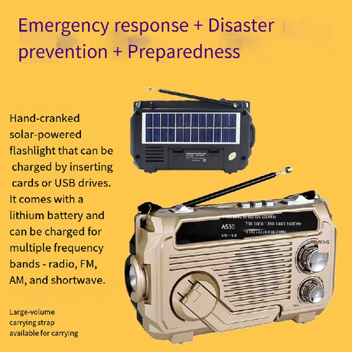 This solar-powered hand-crank semiconductor radio supports three power sources: solar, hand-crank, and battery. It can receive signals in the FM AM SW frequency bands. It also features Bluetooth playback and multiple emergency lighting modes. It is equipped with military-grade shock and water resistance, making it portable and easy to carry. It is a reliable all-weather companion for outdoor exploration and emergency preparedness.