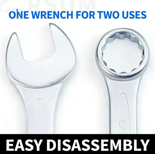 15-piece dual-purpose wrench set: covers all specifications from 8mm to 24mm, forged from chromium-vanadium steel + lifetime warranty, sandblasted chrome for rust prevention and durability. Double-ended design with opening and socket, arc-shaped locking mechanism for stability, strong socket torque, longer and thicker handle for ease of use, easy to store in a bag for quick return to use, suitable for auto repair, home improvement, DIY and all-around applications.