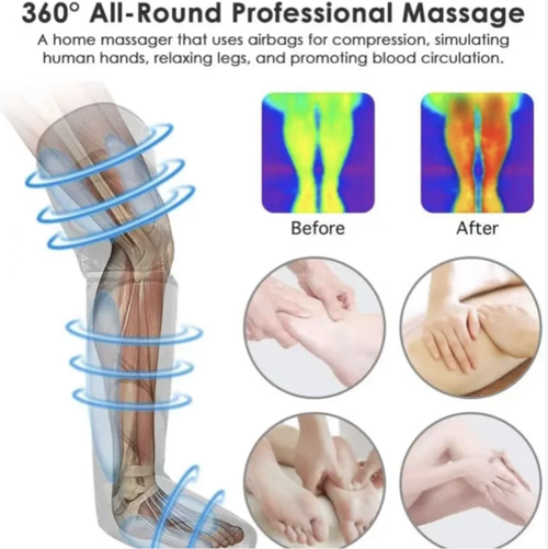 Full-leg air pressure hot compress massage device. It uses segmented airbags to knead the sole of the foot to the knee. Multiple pressure levels can be adjusted. The knee is heated continuously to relieve joint discomfort. It can be controlled with one button and is easy to operate. It can be folded and stored for portability. It is a thoughtful care product for people who stand or sit for long periods, to relieve their legs.