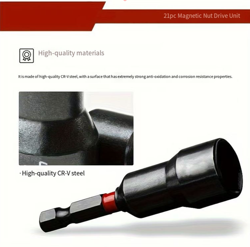 These 21 sets of magnetic nuts are the ultimate tool for tightening nuts: The CR-V steel sleeve has strong magnetic attraction to prevent the nuts from falling off. They come in imperial units and are fully compatible with automotive repair and DIY. The extension rod is included for use in auto repair and DIY. They are highly durable with anti-cracking properties, rust-resistant, and portable for easy storage in a bag. They are lightweight and easy to carry, allowing for quick and stable work.