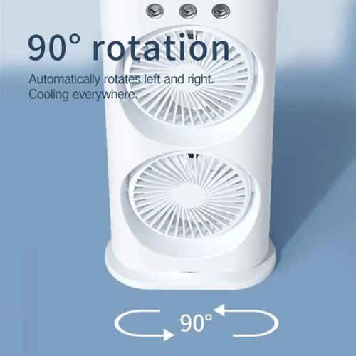 Double-head spray fan, with two fans and three-hole fine water mist, can lower temperature by 3-5℃ when adding ice. It can automatically rotate 90° to send air over a wide area. The wind speed can be adjusted in three levels. It supports dual charging and can be used with a seven-color night light to create an atmosphere. It also has the functions of cooling and humidifying. It is suitable for desktop camping and can keep you cool all the time.