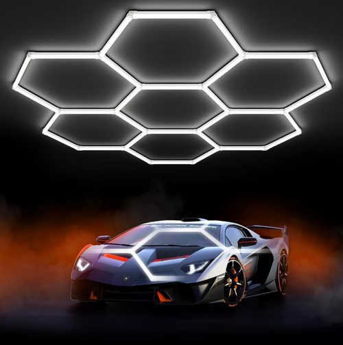 Hexagonal honeycomb LED car wash lights, with high-brightness and shadow-free illumination, ensuring no blind spots for car washing and repair details. They are waterproof and dustproof and are suitable for auto repair workshops. The technological honeycomb design creates a garage atmosphere. Easy to install and can be connected, energy-saving and low-consumption. They are professional lighting and atmosphere enhancers for auto repair and beauty services, as well as home car garages.