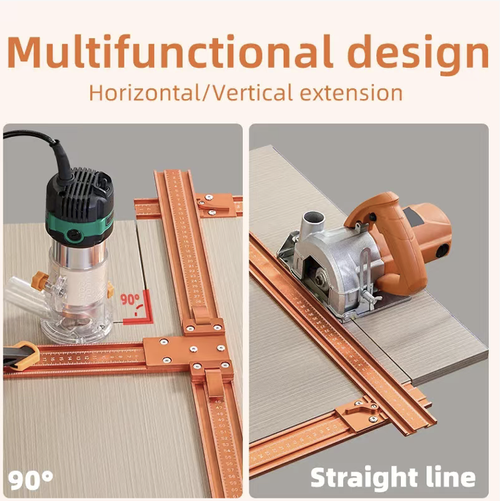 6mm thickened aluminum alloy cross support ruler, with precise 90-degree right-angle positioning. It enables woodworkers to perform cutting operations without the need for marking lines. The fixture securely fixes the board without any displacement, and is compatible with edge trimming machines and cutting machines. The cutting is straight and error-free. It is specially designed for home decoration board cutting and cabinet manufacturing. It is sturdy, durable, and easy to store.