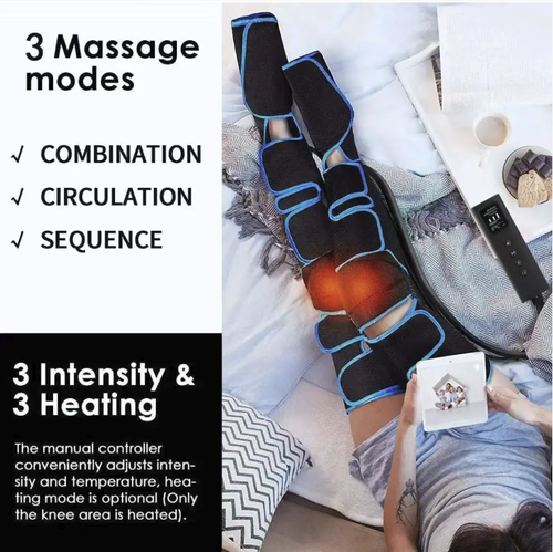 Full-leg air pressure hot compress massage device. It uses segmented airbags to knead the sole of the foot to the knee. Multiple pressure levels can be adjusted. The knee is heated continuously to relieve joint discomfort. It can be controlled with one button and is easy to operate. It can be folded and stored for portability. It is a thoughtful care product for people who stand or sit for long periods, to relieve their legs.