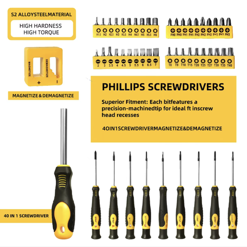 This industrial-grade multi-functional screwdriver set covers all scenarios of maintenance with a full range of specifications for the tips. It is made of high-carbon steel, which is durable and sturdy. The non-slip handle makes operation effortless. The mini portable storage box can be carried around. It is suitable for household, vehicle, and digital repair, and is an all-in-one portable tool for emergency maintenance.