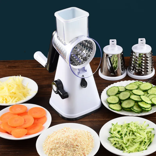 The three-in-one drum-type vegetable cutter comes with three knife heads for peeling, slicing and grinding. It can be used for three purposes with one device. The manual operation is effortless and safe. The stainless steel knife heads are durable and hygienic. It is an efficient tool for preparing dishes and making light meals in the kitchen.