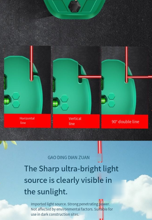 This green light level meter has visible strong light, featuring dual leveling bubbles and intelligent leveling adjustment. It boasts extremely precise measurement to the minutest detail. The compact and portable design allows for strong magnetic adhesion, freeing your hands. It is suitable for construction, home decoration, outdoor debugging, etc., ensuring that every construction is perfectly level in all directions. It is a precise guarantee of professionalism and quality.