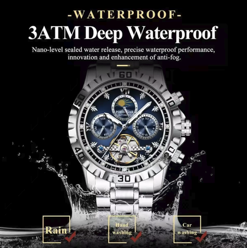 The new model of Swiss brand automatic mechanical men's watch features a hollow rotor that showcases the mechanical aesthetics. It comes with multi-function chronograph and moon phase calendar. The watch is made of stainless steel, which is durable and water-resistant. The blue dial and silver strap are versatile and suitable for various occasions. It has precise timekeeping and is an excellent high-end men's wristwatch for both business and leisure, as well as for personal gifts.