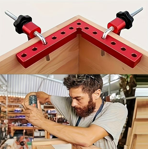 This woodworking clamping device is a great DIY helper for one person. The red aluminum L-shaped clamping board has markings and multiple holes to fit various sizes of workpieces. The knob can be tightened to lock the right angle firmly. It is suitable for storage boxes, shelves, photo frames, etc. The storage box can be returned to its original position without losing any parts, saving time and reducing waste. It enables you to easily complete neat work.
