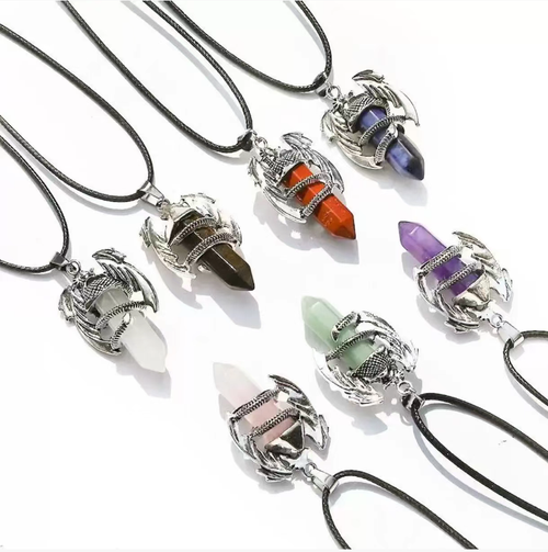 Retro Silver Wing Dragon Wrapped Crystal Pendant: Amethyst is elegant, tiger eye is wild and fierce, and pink crystal is soft and transparent. The texture is delicate and has a medieval filter effect. It is a rare and unique piece that won't clash with other styles. It is a story-telling accessory for the neck. If you place the order today, we will send you a total of 3 types of products: purple quartz, tiger's eye stone, and pink quartz vintage twisted winged dragon-shaped pendant.