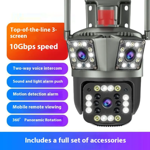 High-definition 3-screen night vision outdoor waterproof 360° smart surveillance camera for home use. One unit can cover multiple areas with all three screens displaying simultaneously. Full-color night vision, 360° rotation with no blind spots, outdoor waterproof, and supports wireless monitoring. PIR human detection for real-time alerts. It is the intelligent security guardian for home-wide safety.