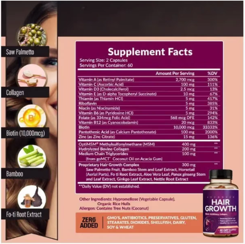 If you place an order today, we will send you a total of 2 bottles of hair strengthening vitamin capsules. The total quantity is 240 capsules. The advanced hair growth capsules contain 10,000 micrograms of biotin and collagen. They help prevent hair loss and make the hair thicker. After one month, the hair will become thicker. Take 2 capsules per day. In addition, it also has skin care and nail strengthening effects. Its ingredients are pure and do not contain any additives.