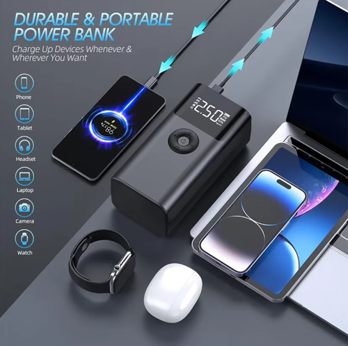 This all-in-one vehicle emergency device integrates functions such as powering up (starting a 12V vehicle), inflating (with 150 PSI and tire pressure monitoring), lighting, tire pressure monitoring, and a 10000mAh power bank. It features military-grade safety design, portability and ease of operation. It is an essential travel companion for car owners to deal with emergencies such as low battery, flat tire and power failure.