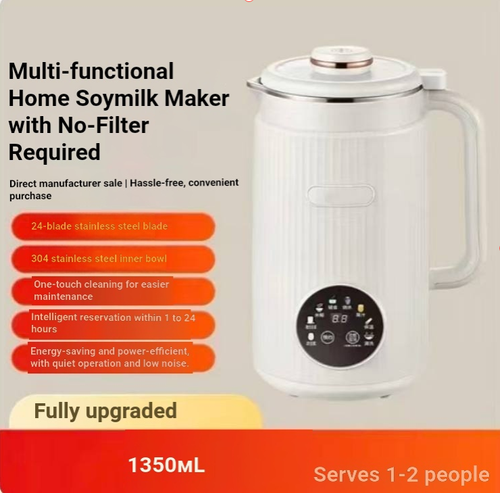 This 1350ml multi-functional blender Soy Milk machine features a 304 stainless steel inner container, comes with multiple program settings, supports Reservation and one-touch cleaning. It can make soy milk, complementary foods, nut milk, etc. With a no-filter design, it has a lower operating noise and is easy to operate. Please follow the water level requirements when using. It is suitable for 1-2 person household use.