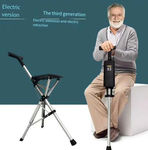This multi-functional walking stick folding chair can be transformed with just one click to switch between a walking stick and a sitting stool. It can support up to 120kg with three legs. The aircraft-grade aluminum is lightweight and not heavy. The ergonomic handle is non-slip and easy to hold. The electric model has automatic extension buttons, making it extremely convenient for strolling, queuing, and outdoor use. It can be carried in a pocket without taking up space.